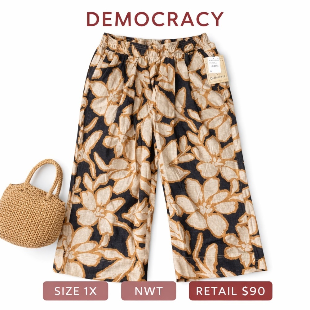Democracy Floral Wide Leg Cropped Pants 1X Boho Cotton Rayon Pockets - Picture 2 of 3